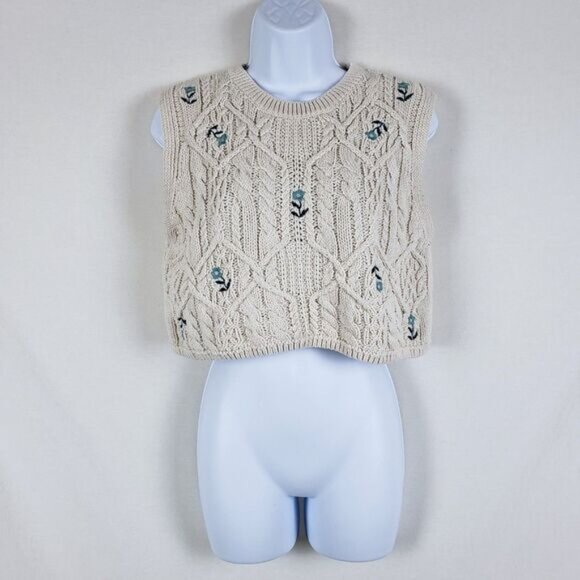 Zara Embroidered Sweater Vest Womens S Cream Cable Knit Cropped Cottagecore - Picture 6 of 11